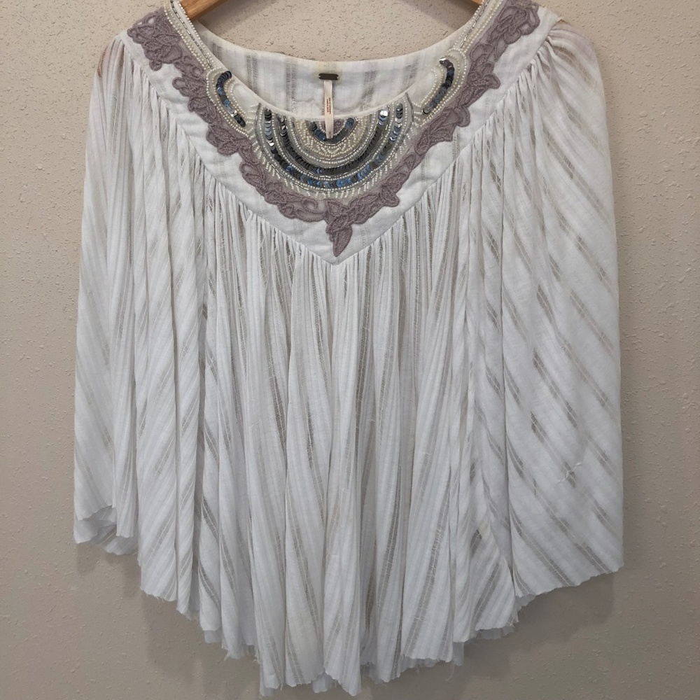 FREE PEOPLE White Gauzy Poncho Embroidered Sequin